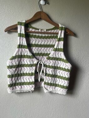Ghanda Striped Knit Tie-Front Crop Tank Top - olive / cream / pink